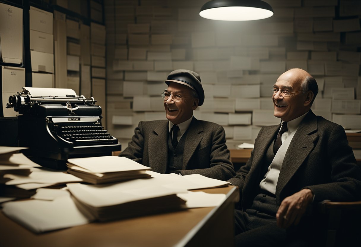 In a dimly lit office, a typewriter clacks as two workers share a joke, their laughter echoing off the drab walls. Papers are stacked high, and a portrait of Lenin hangs crookedly on the wall