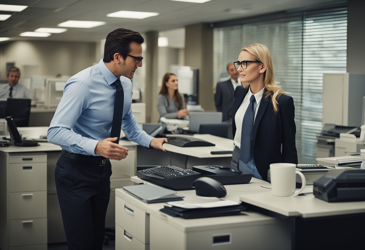 In a drab office setting, a bumbling bureaucrat flirts with a stern colleague, causing chaos and hilarity. The room is filled with outdated technology and stern-faced supervisors