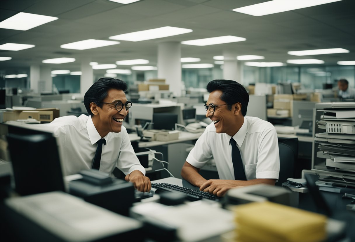 A cluttered office with outdated technology and propaganda posters. Two workers share a laugh while navigating absurd bureaucratic obstacles