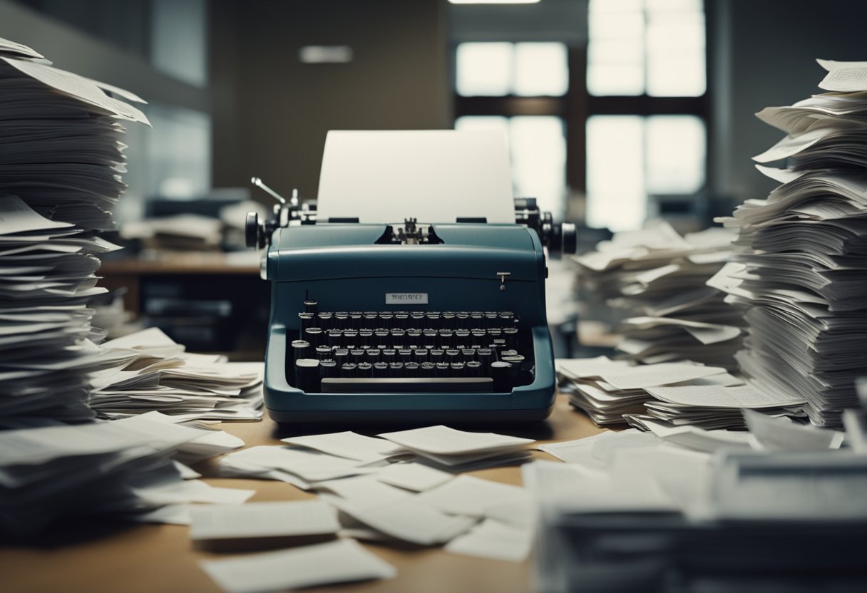 In a drab office, a typewriter clacks loudly as a worker struggles with paperwork. A comically oversized stamp crashes down, causing chaos