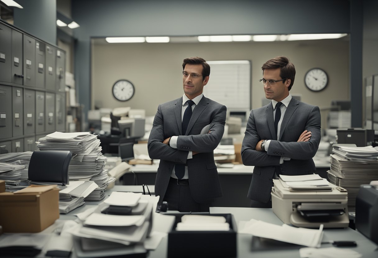 An office setting with drab, gray decor and outdated technology. Two employees share a comically small desk, surrounded by stacks of paperwork and clunky office equipment. The scene is filled with subtle nods to Soviet bureaucracy, adding to the humor