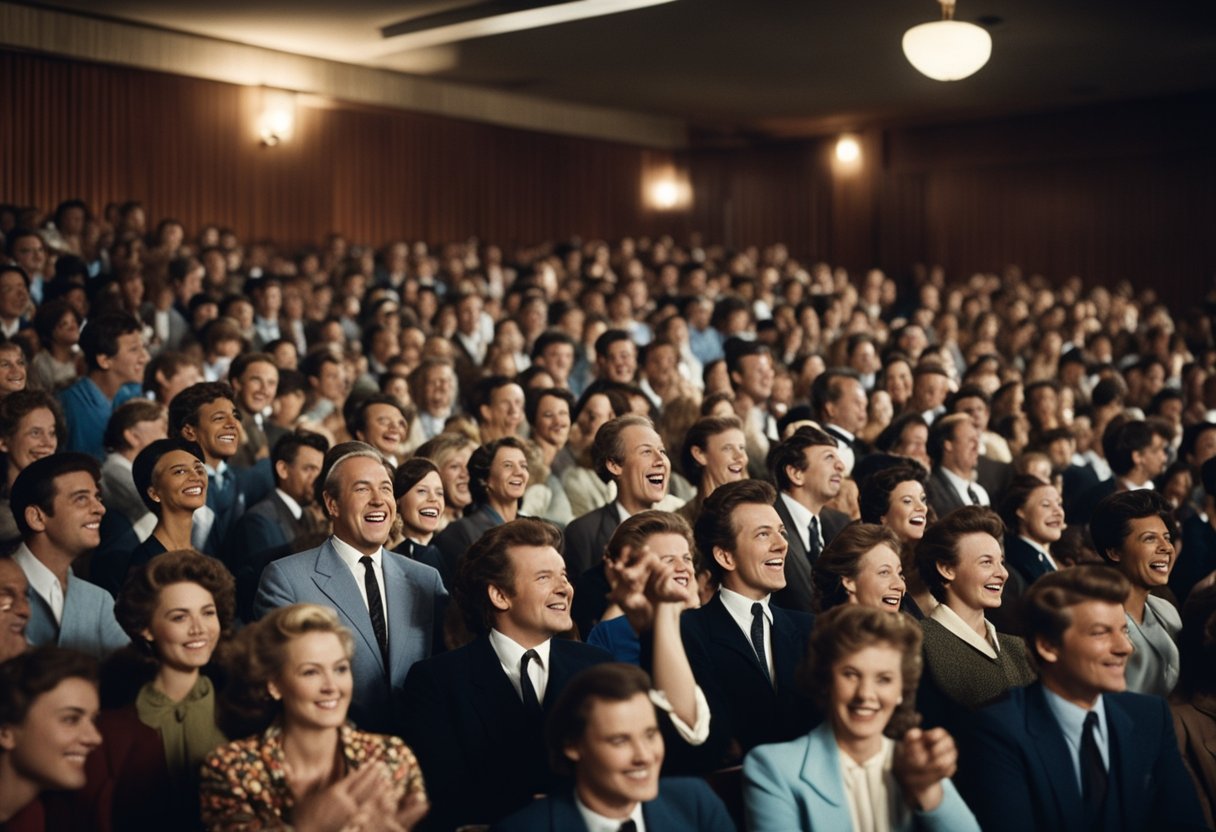 A crowded theater erupts in laughter at a Soviet office romance comedy, showcasing the cultural impact and audience reception of the film