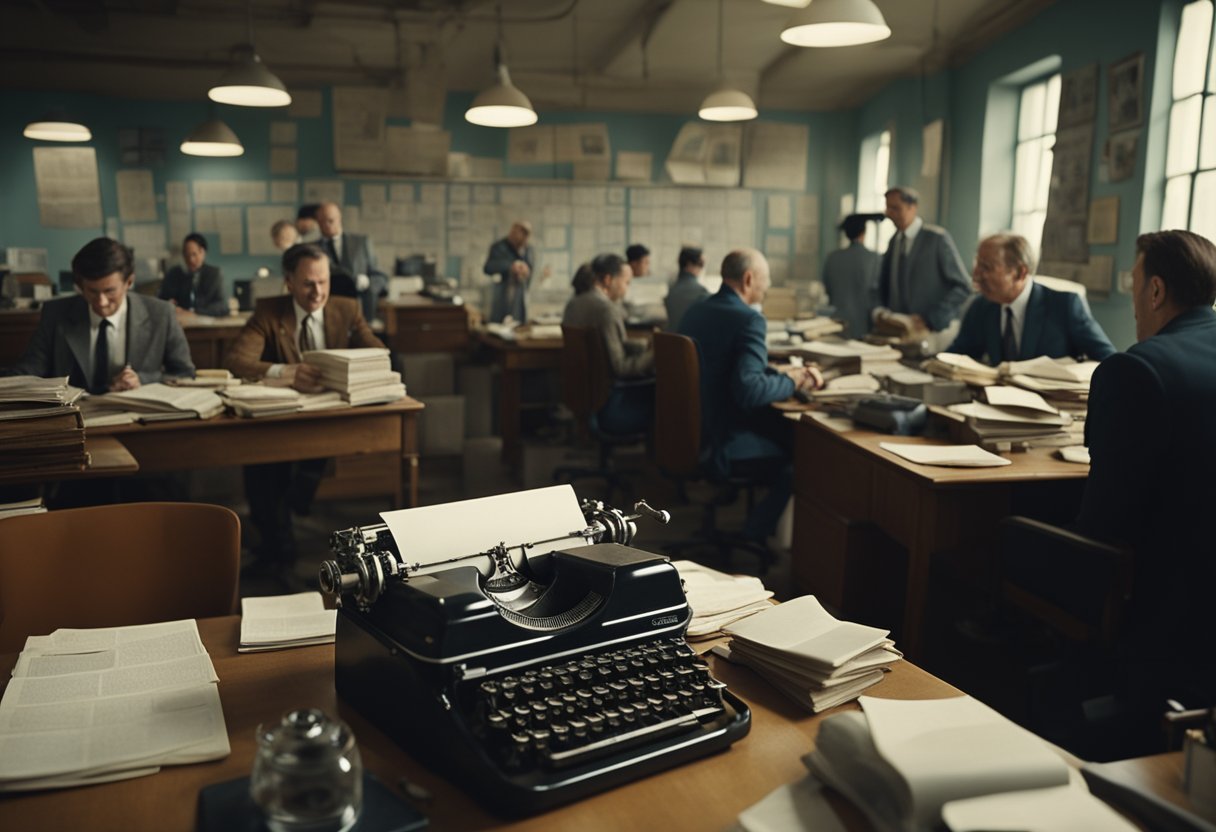 A cluttered office with old-fashioned furniture and a vintage typewriter. Soviet propaganda posters on the walls. Characters laughing and chatting amidst bureaucratic chaos