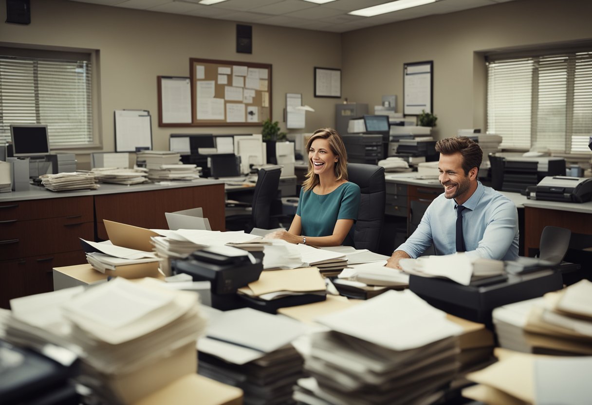 A cluttered office with outdated technology and drab decor. Two coworkers share a laugh, surrounded by piles of paperwork and stern-looking supervisors