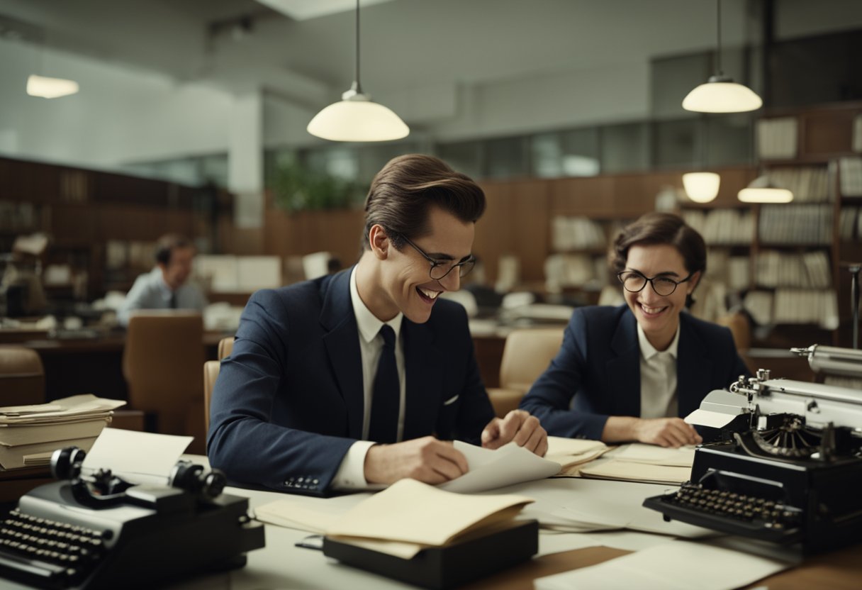 Office setting with vintage Soviet decor. Two coworkers share a laugh at their desks. Papers and typewriters fill the room