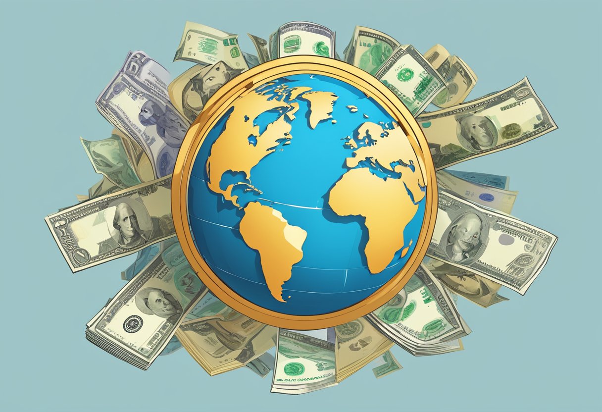 A globe with currency symbols orbiting around it, representing international affiliate marketing and earning commissions in dollars