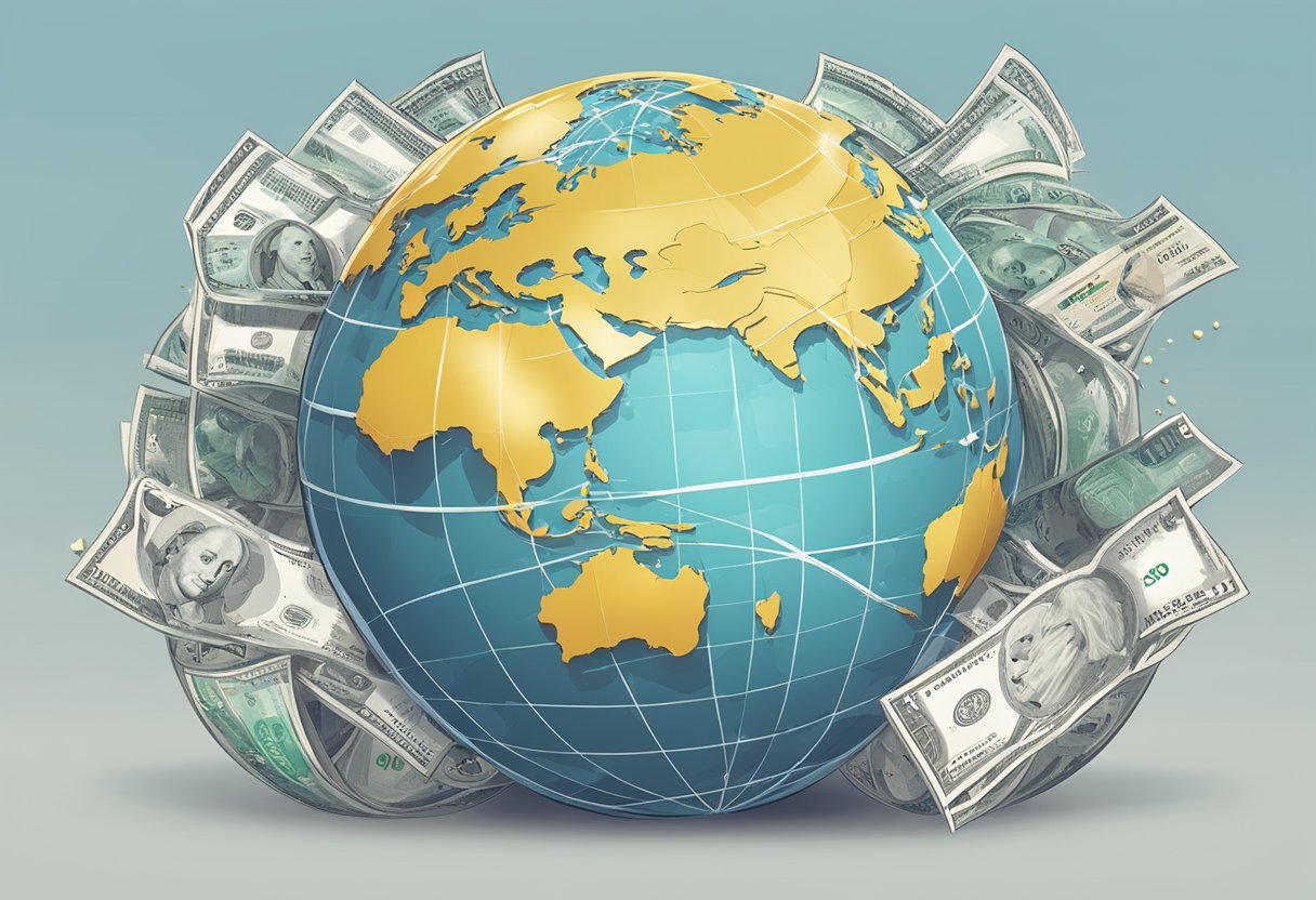 A globe with currency symbols orbiting around it, representing international affiliate marketing and earning commissions in dollars