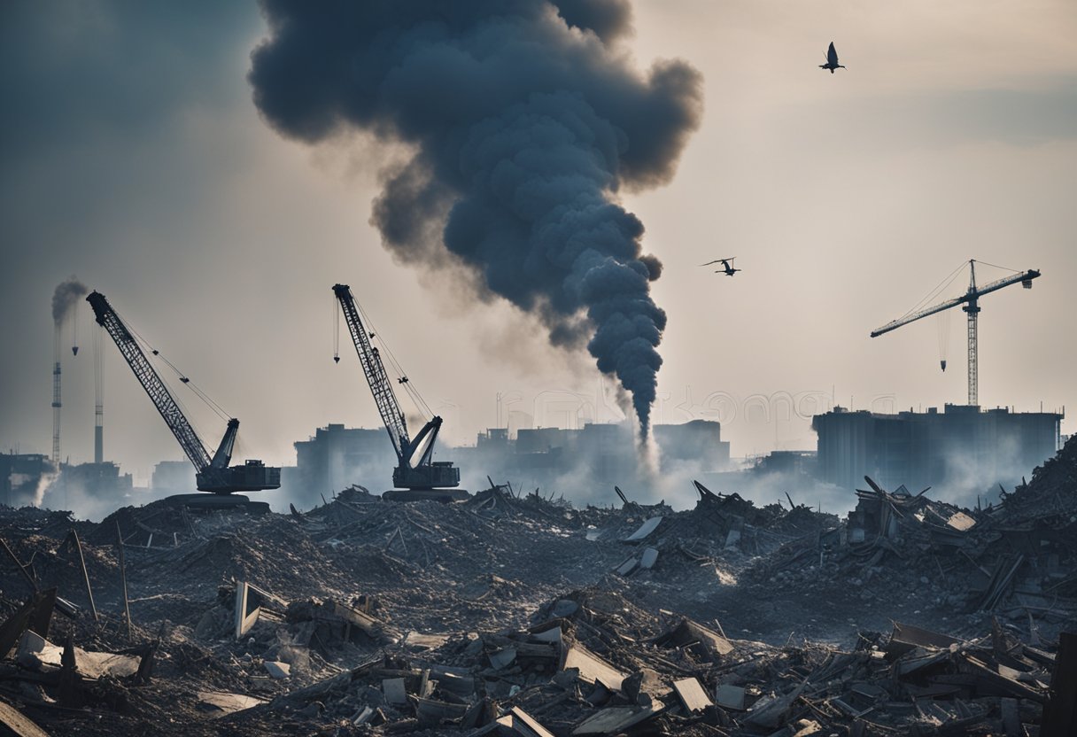 Cranes soar over a war-torn landscape, amidst smoke and rubble