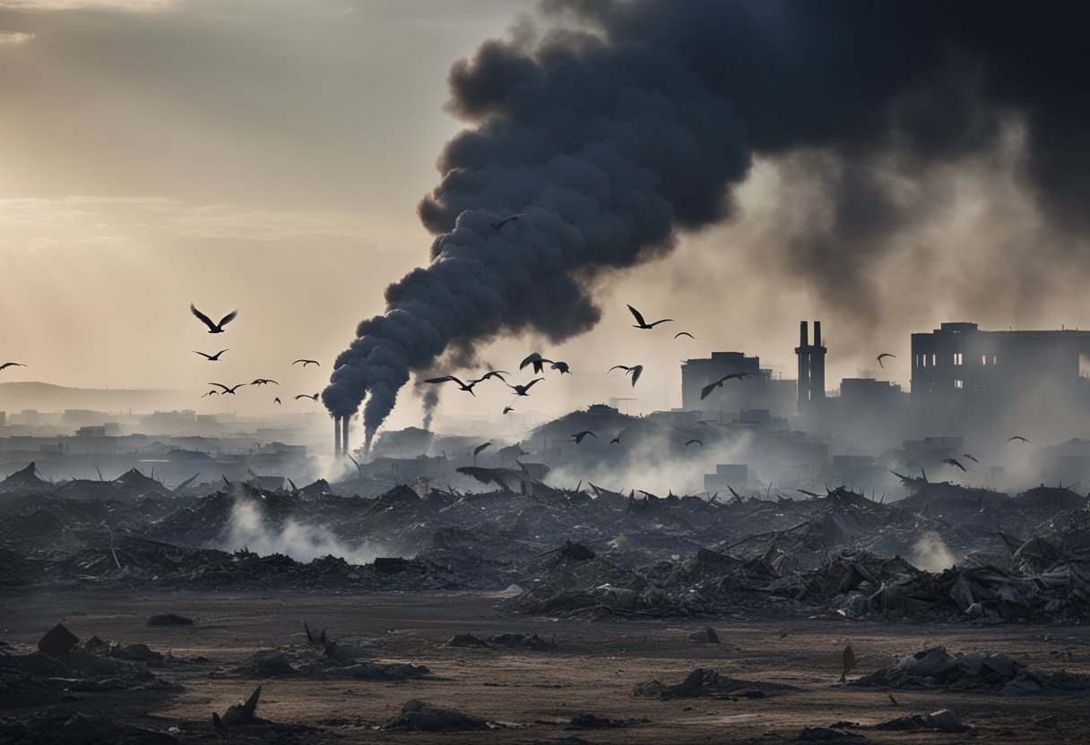 A flock of cranes flies over a war-torn landscape, their graceful wings cutting through the smoke and debris of the aftermath