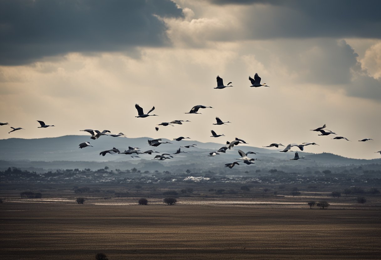 A flock of cranes flying gracefully over a war-torn landscape, symbolizing hope and resilience amidst devastation