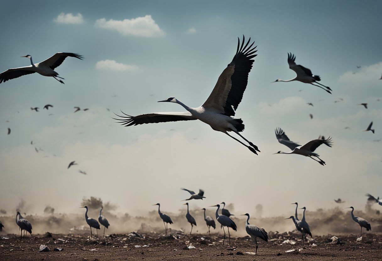 A flock of cranes takes flight over a war-torn landscape, symbolizing hope and resilience amidst the aftermath of conflict