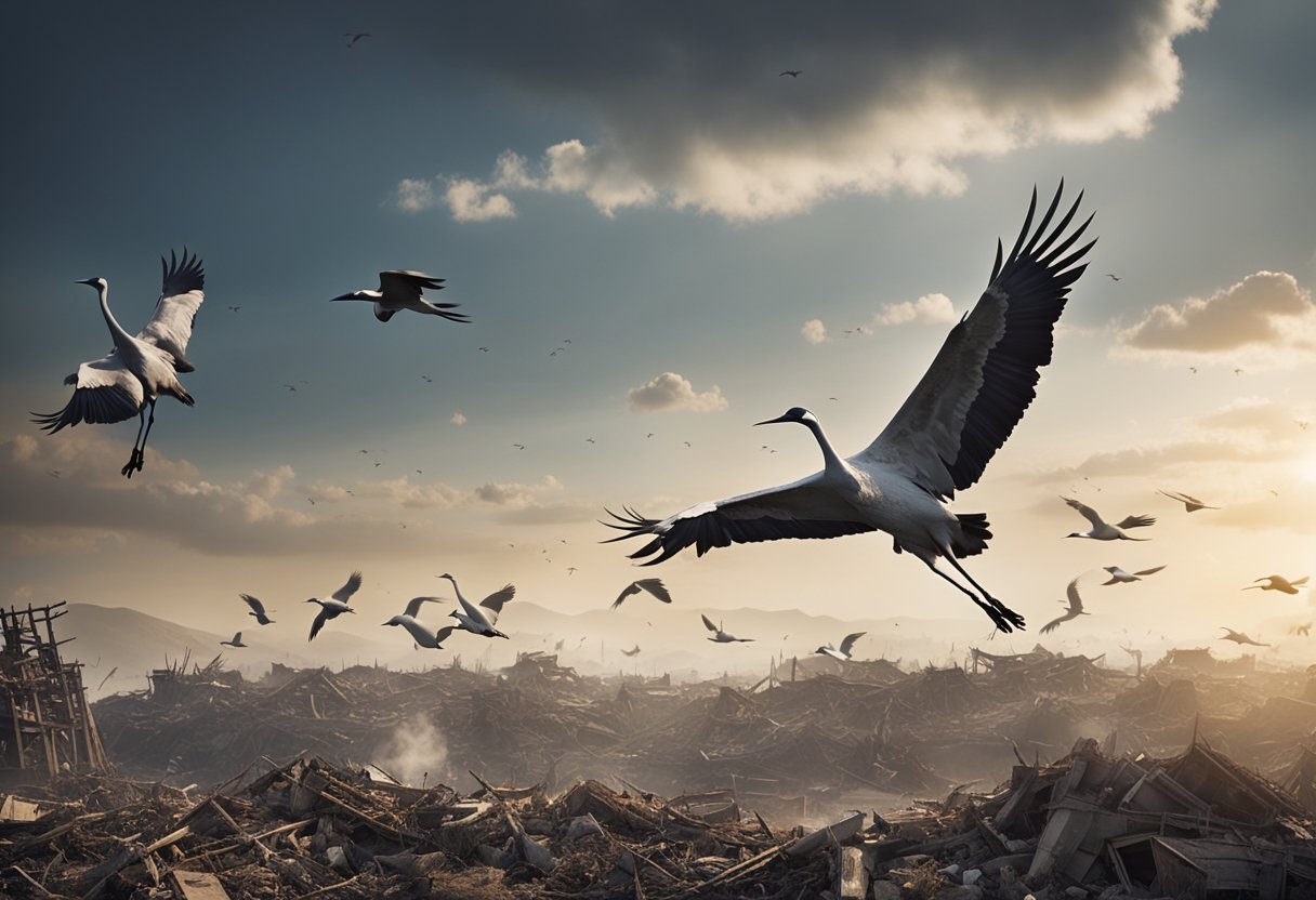 A flock of cranes soar over a war-torn landscape, symbolizing hope and resilience amidst destruction