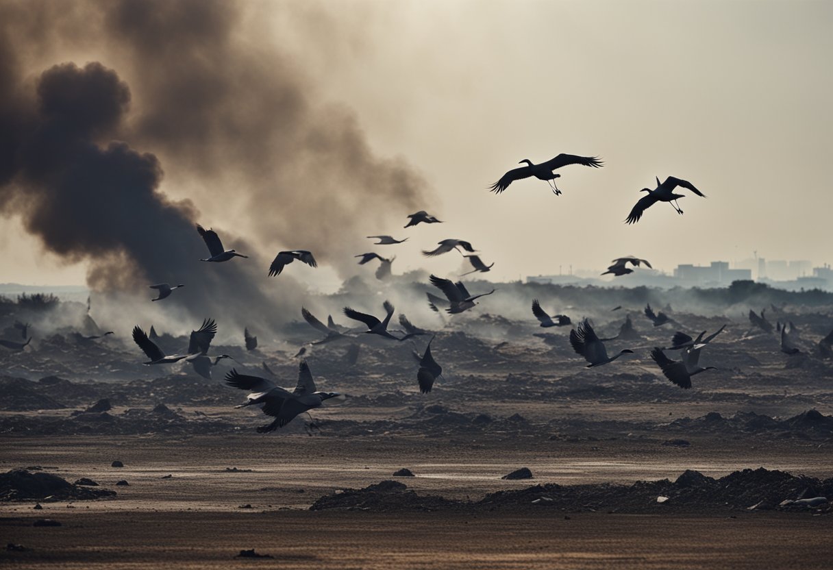 A flock of cranes flies over a war-torn landscape, their graceful wings cutting through the smoke and debris of the aftermath