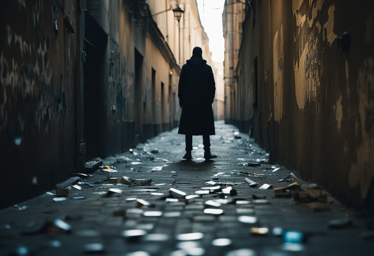 A dark alley in St. Petersburg, littered with graffiti and broken bottles, as a shadowy figure disappears into the depths of the criminal underworld