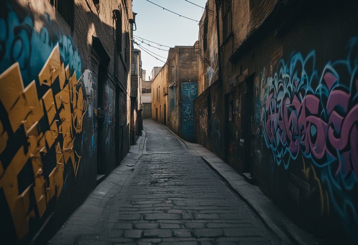 A dimly lit alleyway with graffiti-covered walls, shadowy figures lurking in doorways, and the distant sound of sirens echoing through the narrow streets