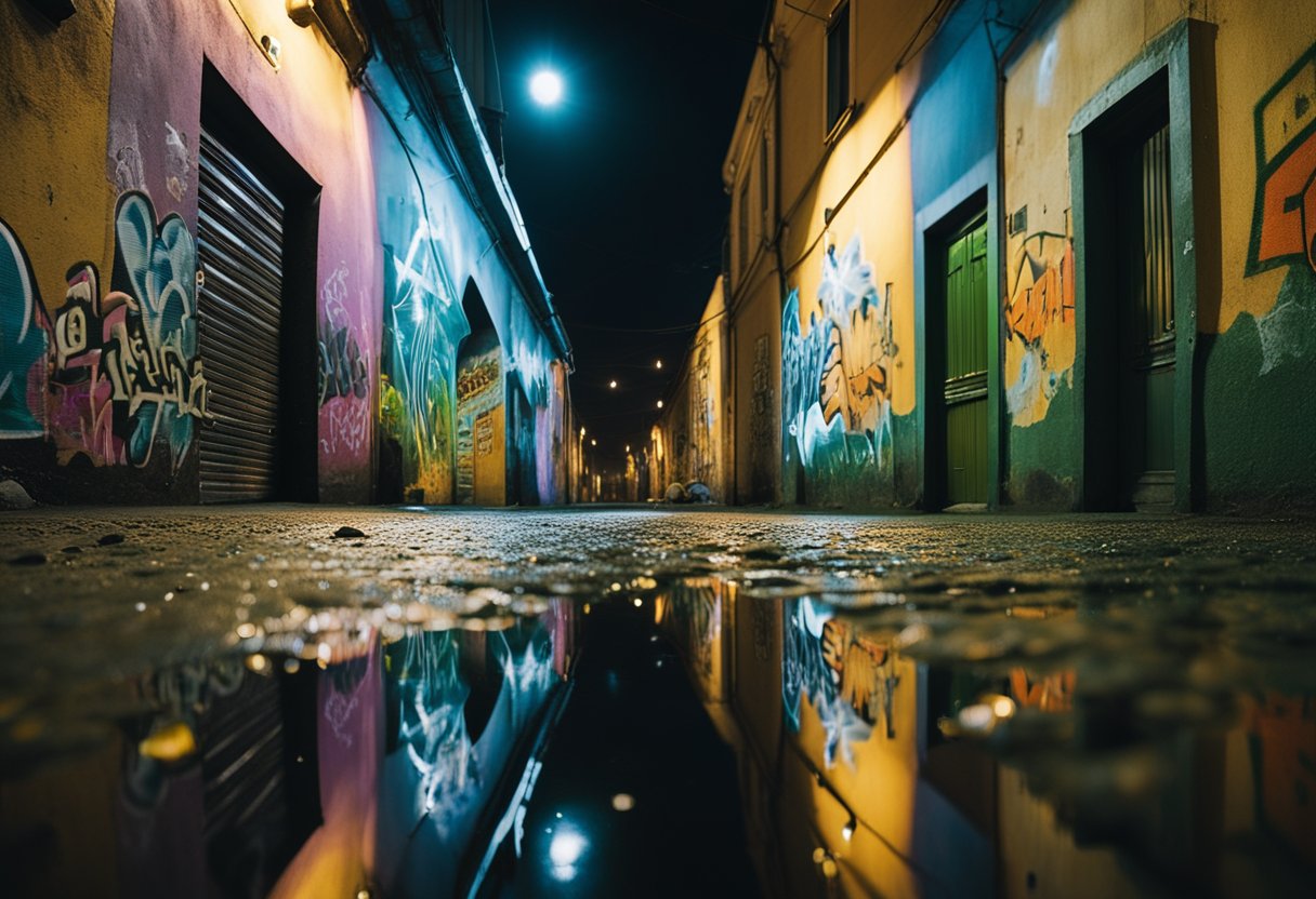 A dark alleyway in St. Petersburg, littered with graffiti and broken bottles. The glow of neon signs reflects off puddles, casting an eerie glow