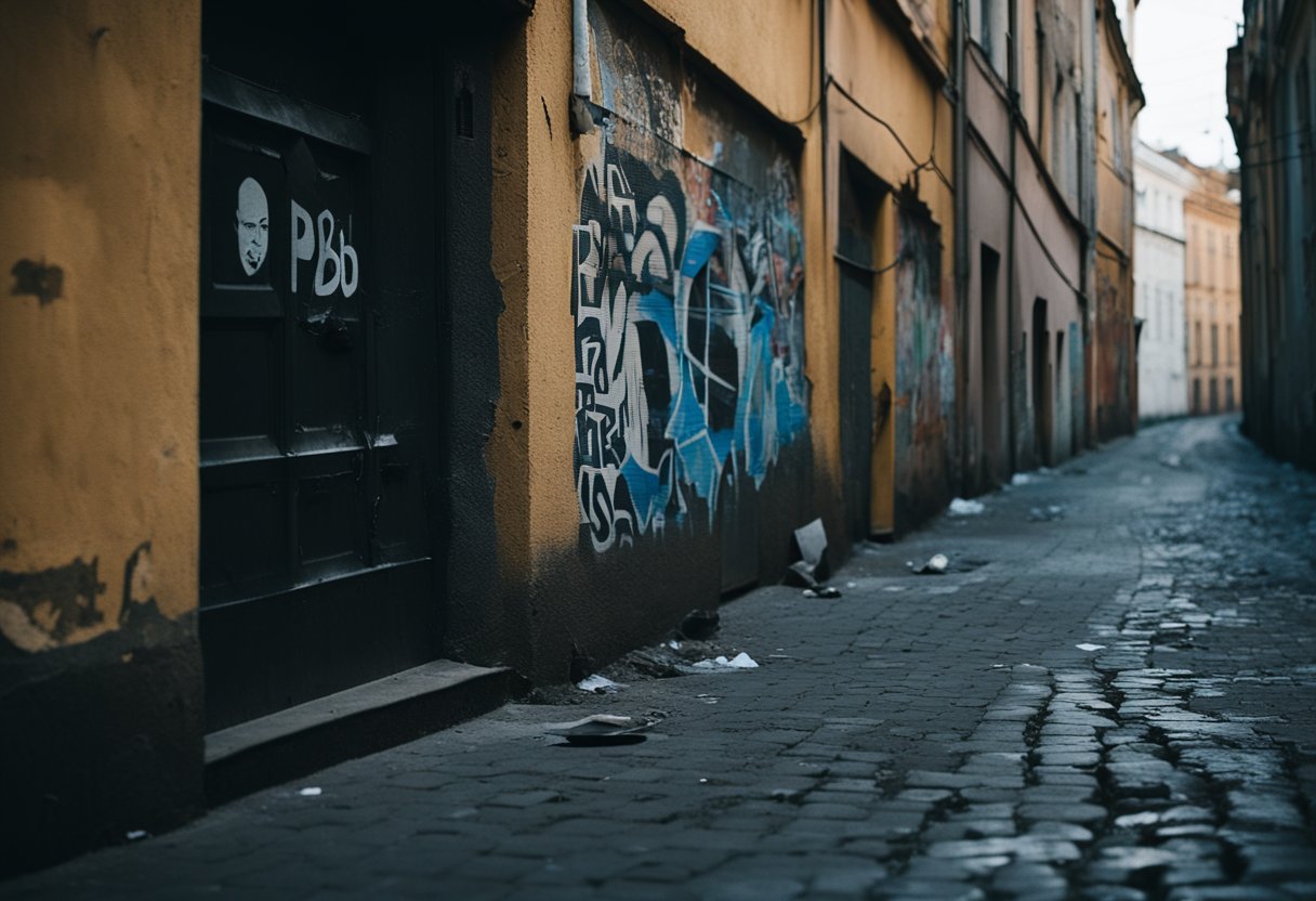 A dark alley in St. Petersburg, littered with graffiti and broken bottles. Shadowy figures lurk in the corners, exchanging secretive whispers. The air is thick with tension and the promise of danger