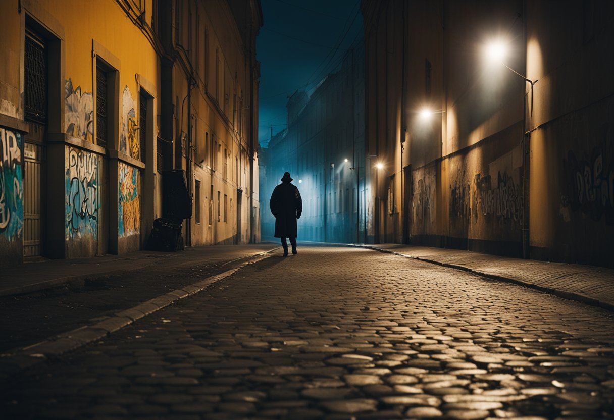 A dark alley in St. Petersburg, littered with graffiti and broken streetlights. A shadowy figure lurks in the corner, while a police car approaches, its sirens wailing