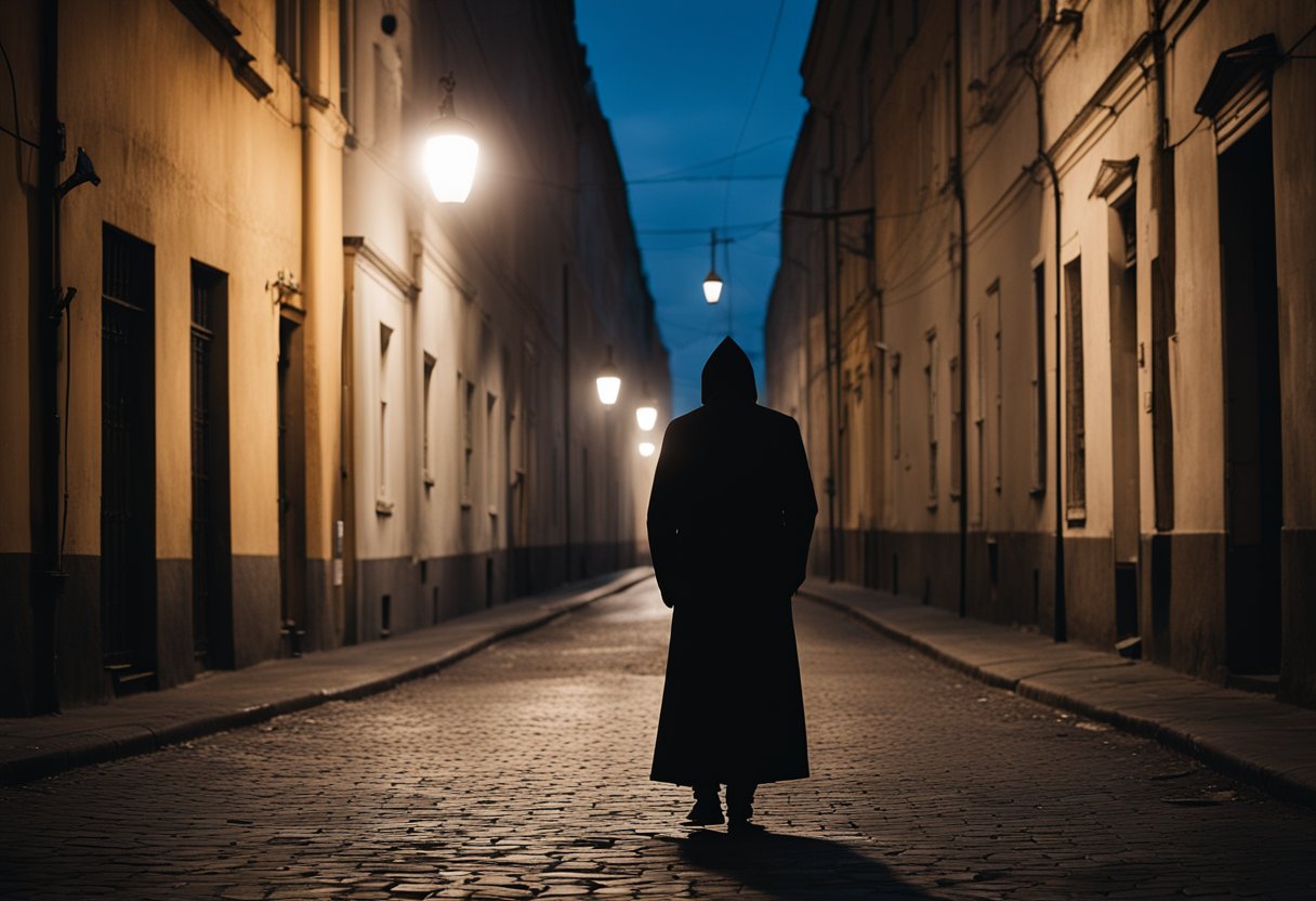 A dark figure looms over a shadowy alley, surrounded by dilapidated buildings and flickering streetlights, evoking a sense of danger and mystery in the heart of St. Petersburg