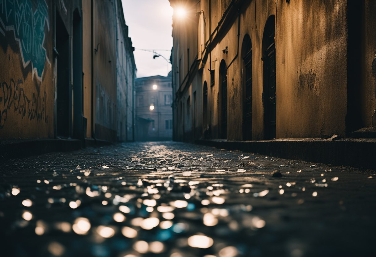 A dark alley in St. Petersburg, littered with broken glass and graffiti-covered walls. The flickering streetlight casts eerie shadows as figures lurk in the darkness