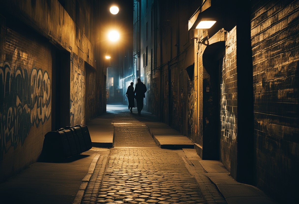 Dark alleyway, shadowy figures exchange briefcase, surrounded by graffiti-covered walls and flickering streetlights. Suspenseful atmosphere, hint of danger