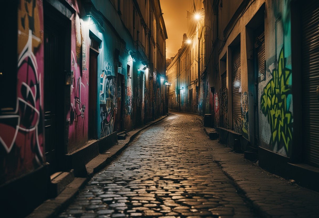 A dark alley in St. Petersburg, littered with graffiti and broken bottles. The glow of neon signs illuminates shadowy figures lurking in doorways