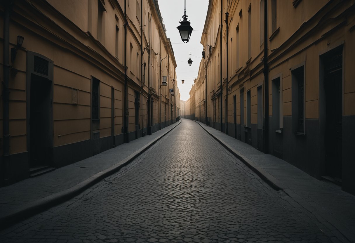 A dark alleyway in St. Petersburg, illuminated by flickering streetlights. Shadowy figures lurk in doorways, exchanging hushed conversations. The air is thick with tension and the promise of danger