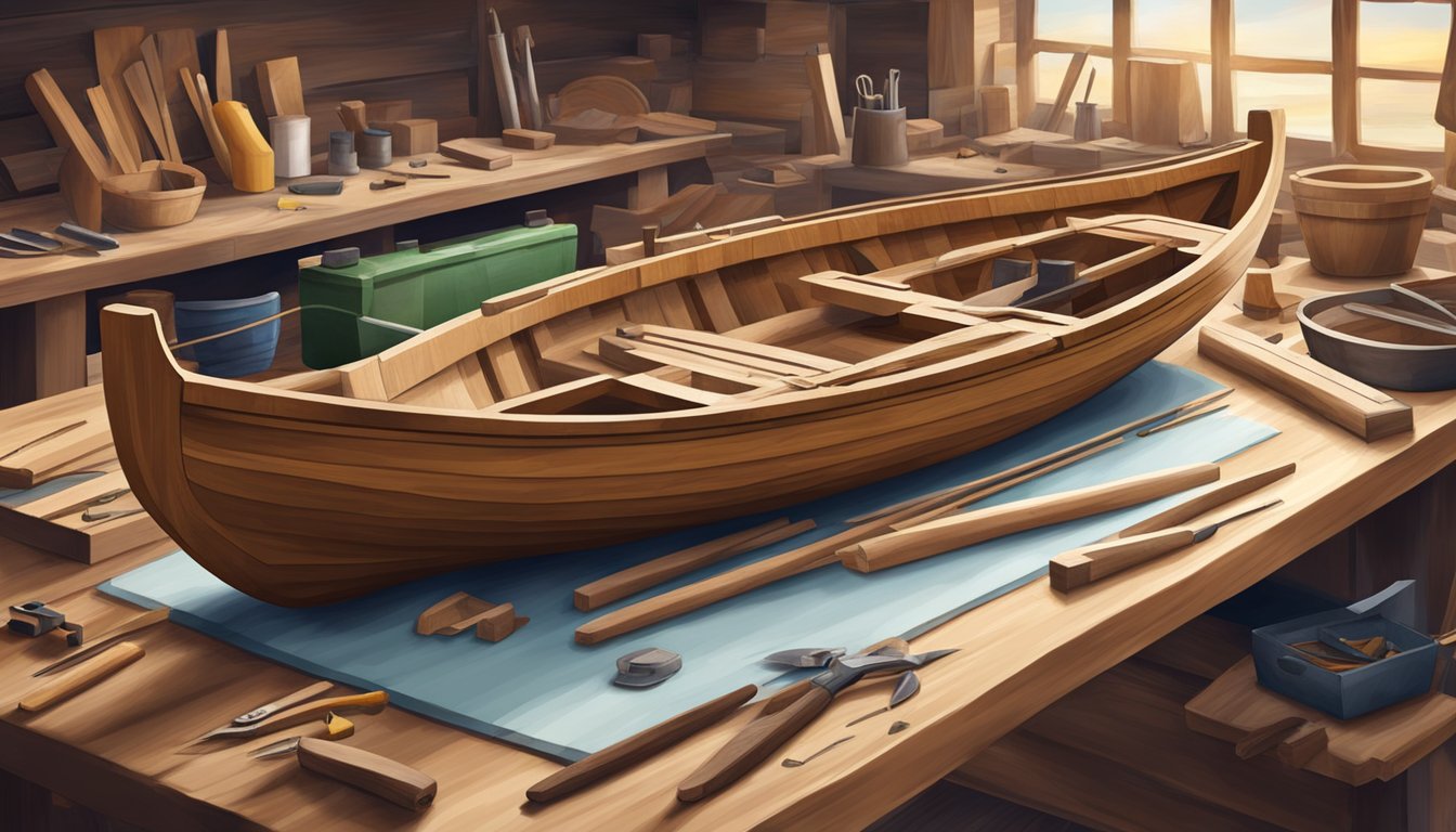 Traditional boat building scene: Tools and materials laid out on a workbench, with a partially constructed wooden boat taking shape in the background