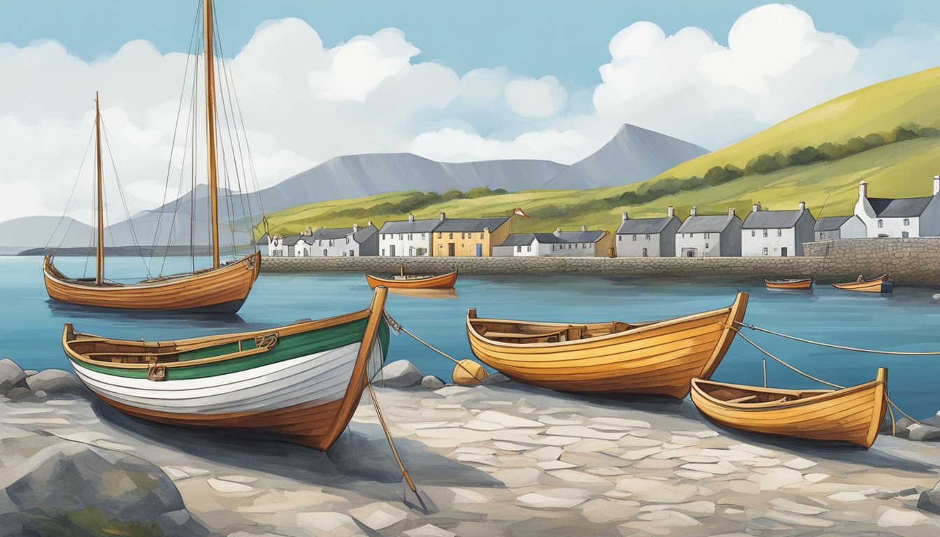 Traditional boats line the shores of County Galway, varying in size and design. Some are sleek and narrow, while others are sturdy and wide, all showcasing the rich heritage of traditional boat building in the region