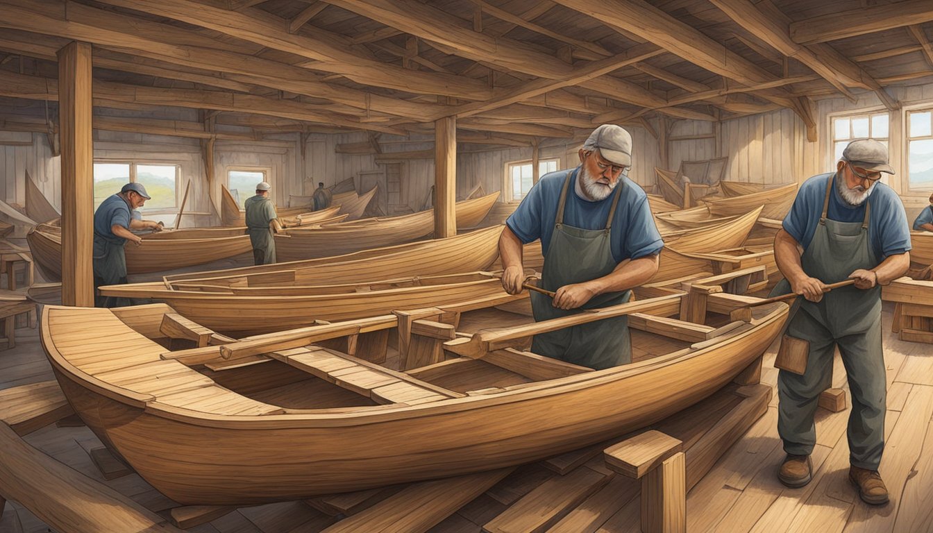 Skilled craftsmen carve and shape timber, crafting traditional Galway boats by hand. The sound of hammers and chisels fill the air as the boats take shape