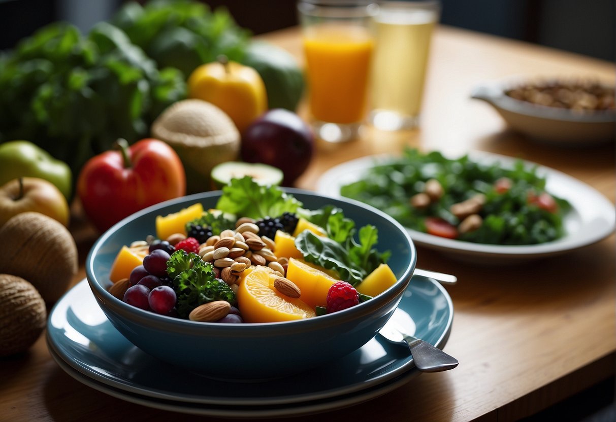 A table filled with colorful fruits, vegetables, nuts, and whole grains. A bowl of leafy greens and a glass of water sit next to the plate