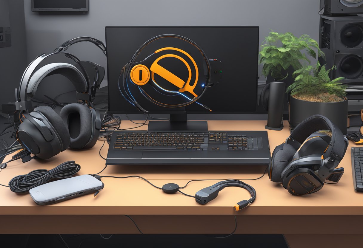 A Meta Quest 3 headset connected to a computer with a powerful GPU running the Half-Life 2: VR Mod. Various cables and peripherals are arranged around the setup