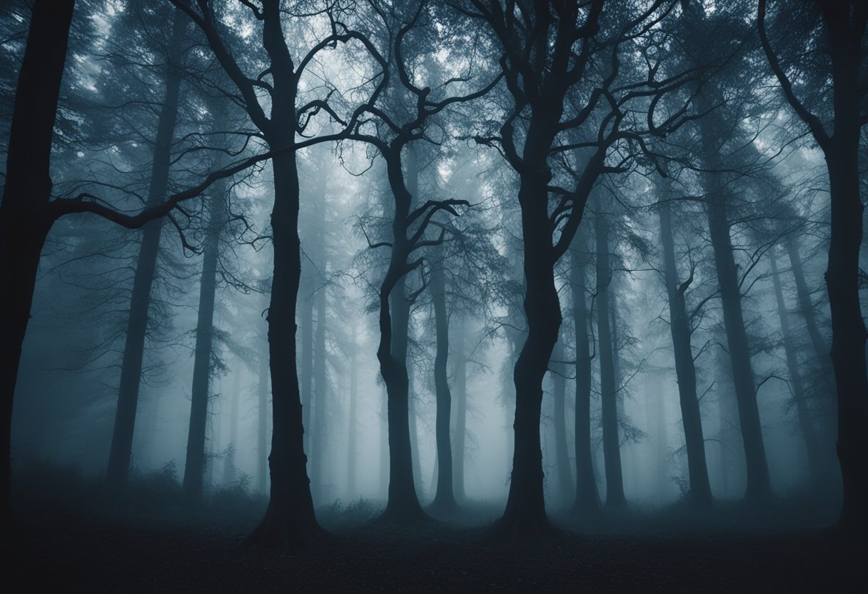 A dark, eerie forest with twisted trees and glowing eyes peering from the shadows. Sinister figures lurk in the mist, creating an ominous atmosphere