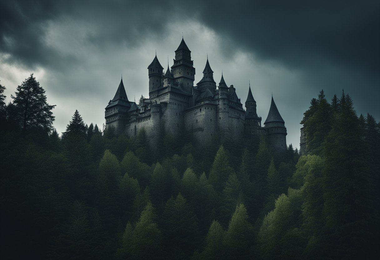 Gogol's 'Viy' horror: A dark forest with a looming, eerie castle under a stormy sky. Sinister creatures lurk in the shadows