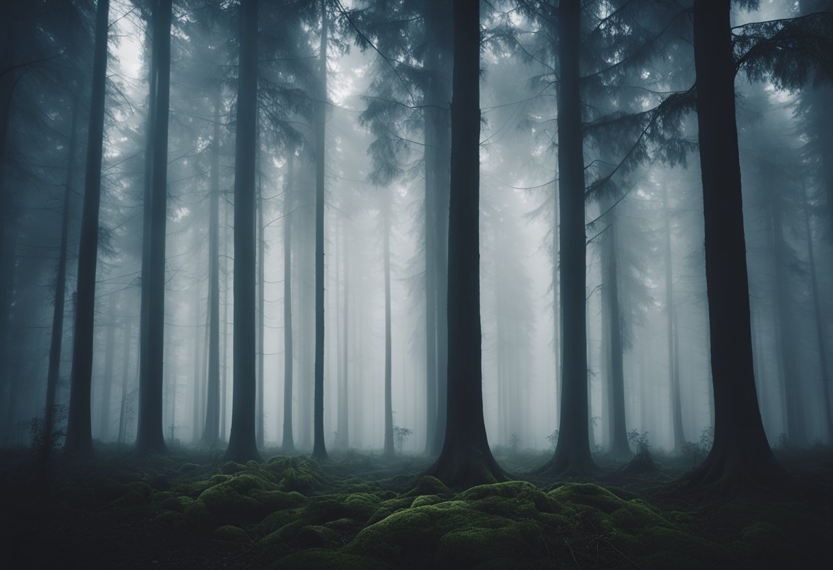 A dark forest with looming trees, a mysterious mist, and a sense of foreboding. The atmosphere is eerie and unsettling, hinting at the presence of supernatural forces