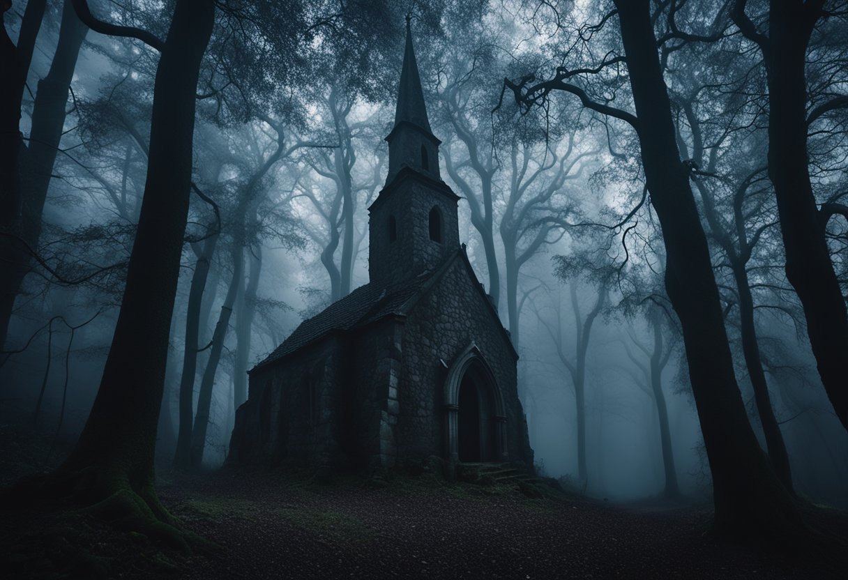 A dark, misty forest with twisted, gnarled trees. A looming, ancient church stands in the distance, casting eerie shadows. Sinister creatures lurk in the shadows, their glowing eyes peering out from the darkness