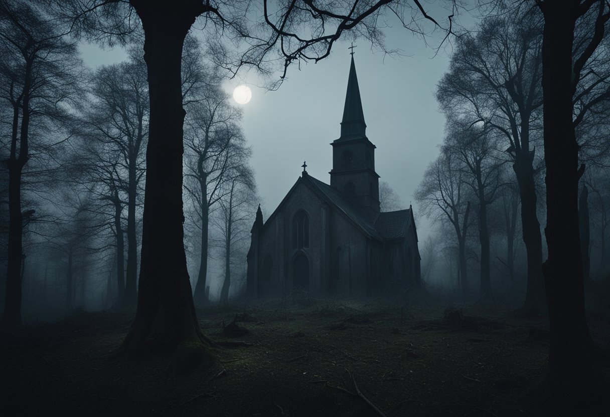 A dark, eerie forest with looming trees and a mysterious, ancient church in the background. The setting is ominous and foreboding, evoking a sense of dread and unease