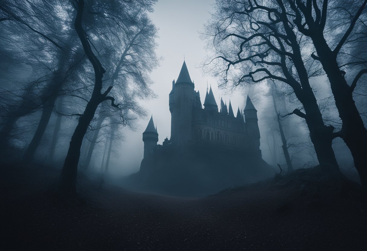 A dark forest with twisted trees, a looming gothic castle, and eerie mist swirling around the landscape