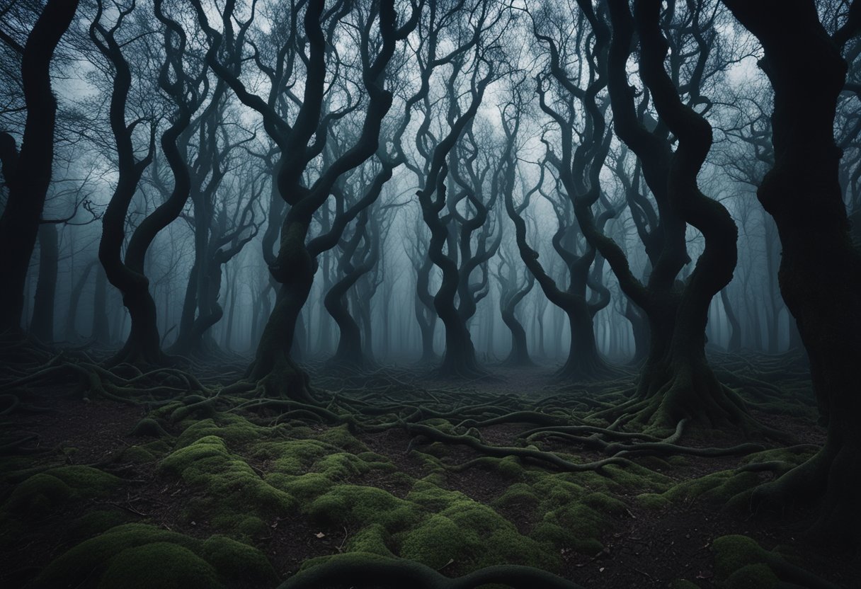 A dark, eerie forest with twisted trees and looming shadows. A sense of foreboding and unease permeates the scene, evoking the nightmarish realm of Gogol's "Viy."