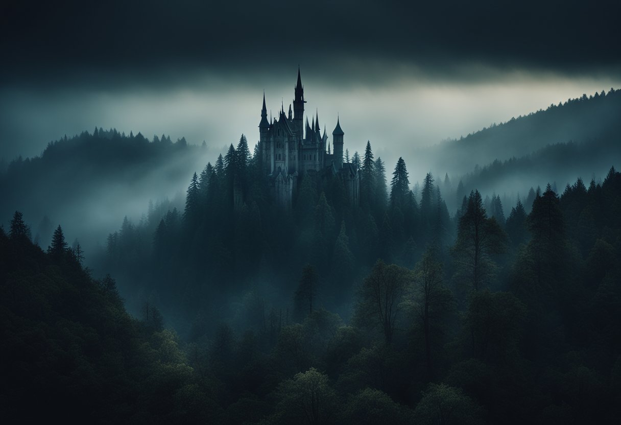 A dark forest with twisted trees and eerie mist, a looming castle with sinister spires, and a haunting glow emanating from within