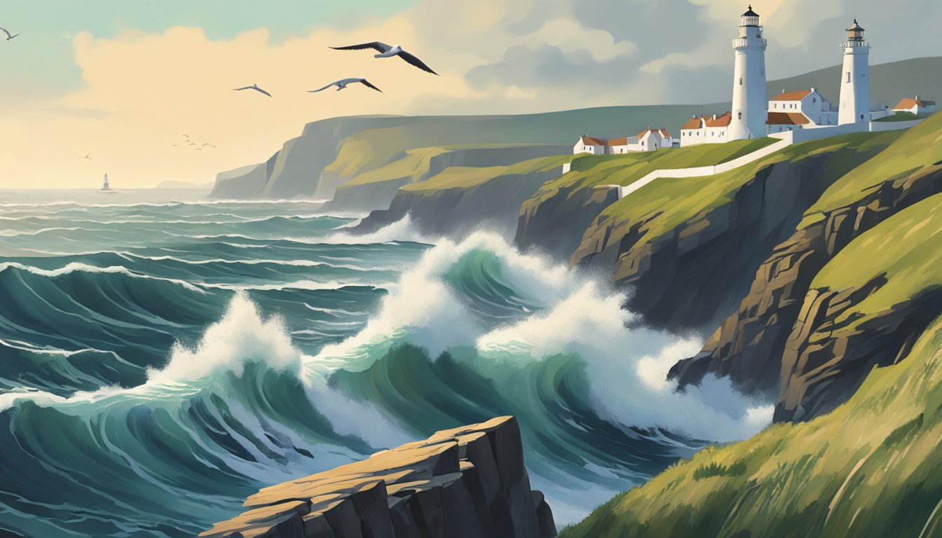 Rolling waves crash against rugged cliffs, as surfers ride the crest of the Atlantic swells. Seabirds soar overhead, while distant lighthouses stand sentinel against the wild beauty of Ireland's coast