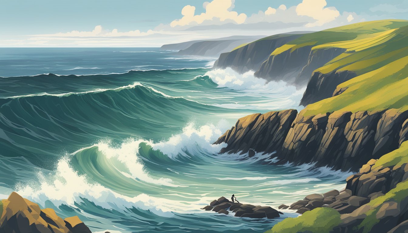 Rolling waves crash against rugged cliffs, as surfers ride the powerful swells along Ireland's Atlantic coast. Rocky outcrops and sandy beaches provide the perfect backdrop for the exhilarating sport