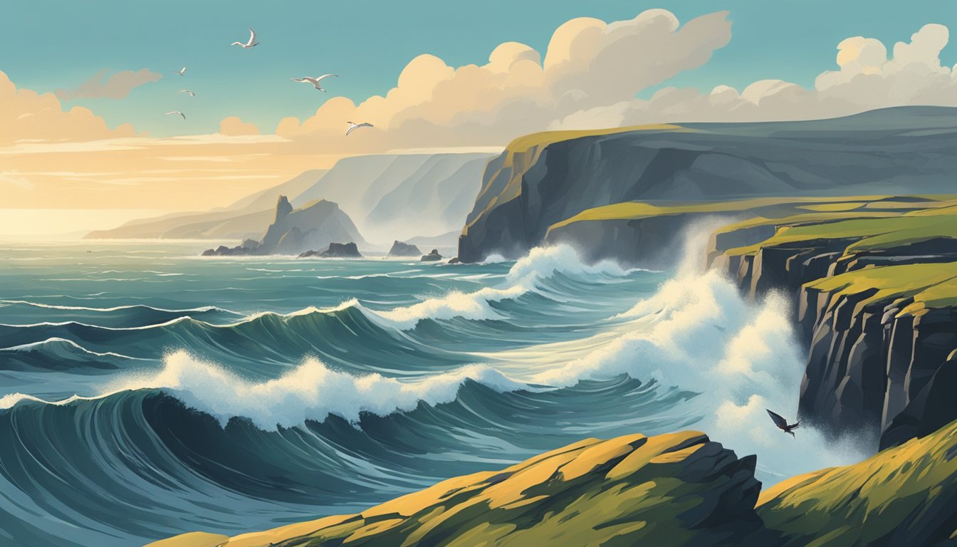 Rolling waves crash against rugged cliffs, as surfers ride the powerful swells along the Wild Atlantic Way. Seabirds soar overhead, adding to the dramatic coastal landscape