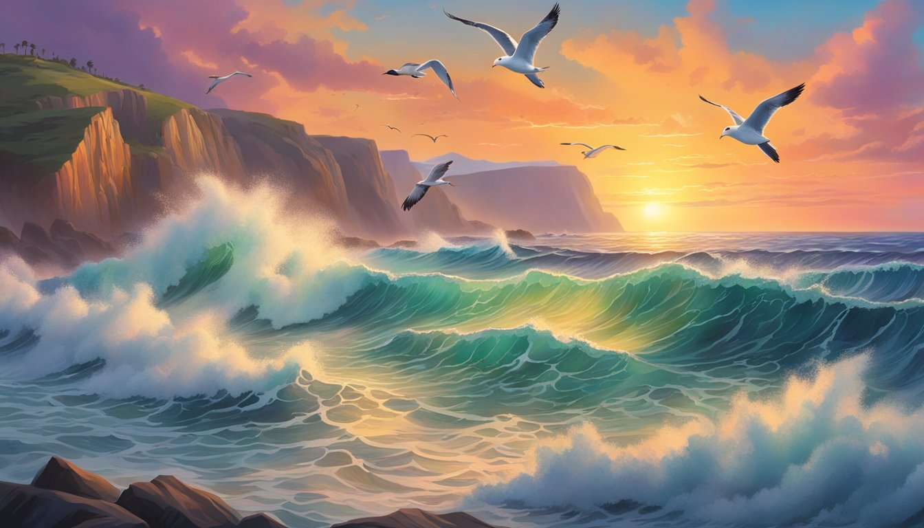 Waves crashing against rugged cliffs, surfers riding the swell, seagulls circling overhead, and a dramatic sunset painting the sky in vibrant hues