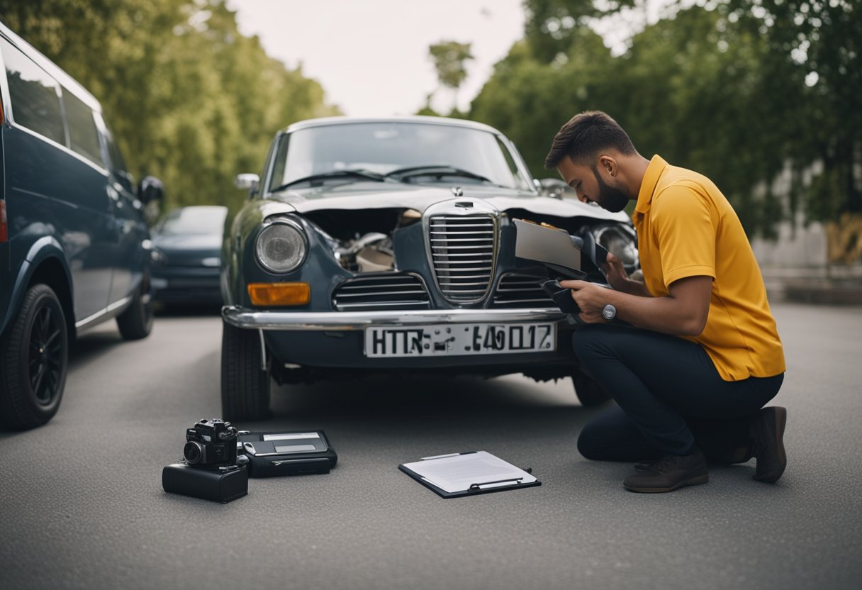 A damaged car being inspected by an insurance adjuster with a clipboard and camera, while the owner looks on anxiously