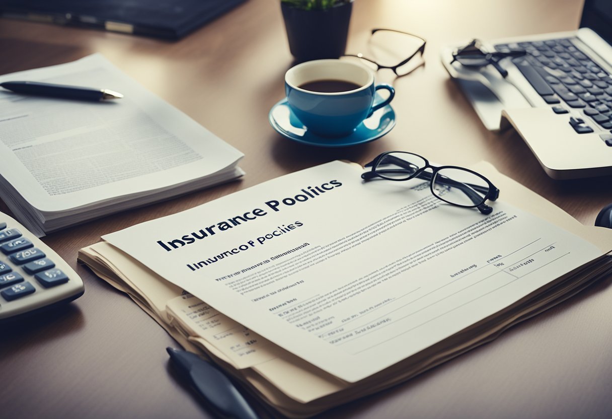 A variety of insurance policies are displayed on a desk, including health, auto, life, and home insurance. Each policy is neatly organized and labeled for easy reference