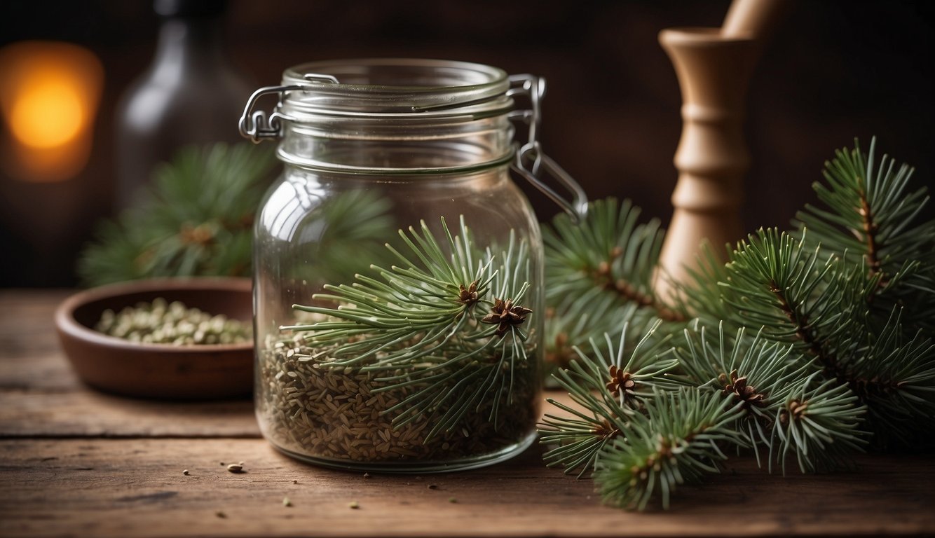 A glass jar filled with pine needles, a measuring cup of alcohol, and a mortar and pestle on a wooden table