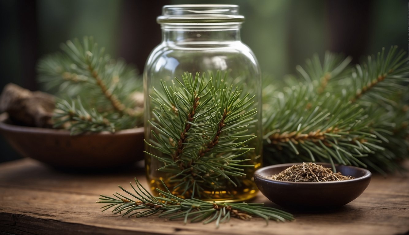 Pine needles steeped in alcohol in a glass jar, labeled "Pine Needle Tincture", surrounded by fresh pine branches and a mortar and pestle