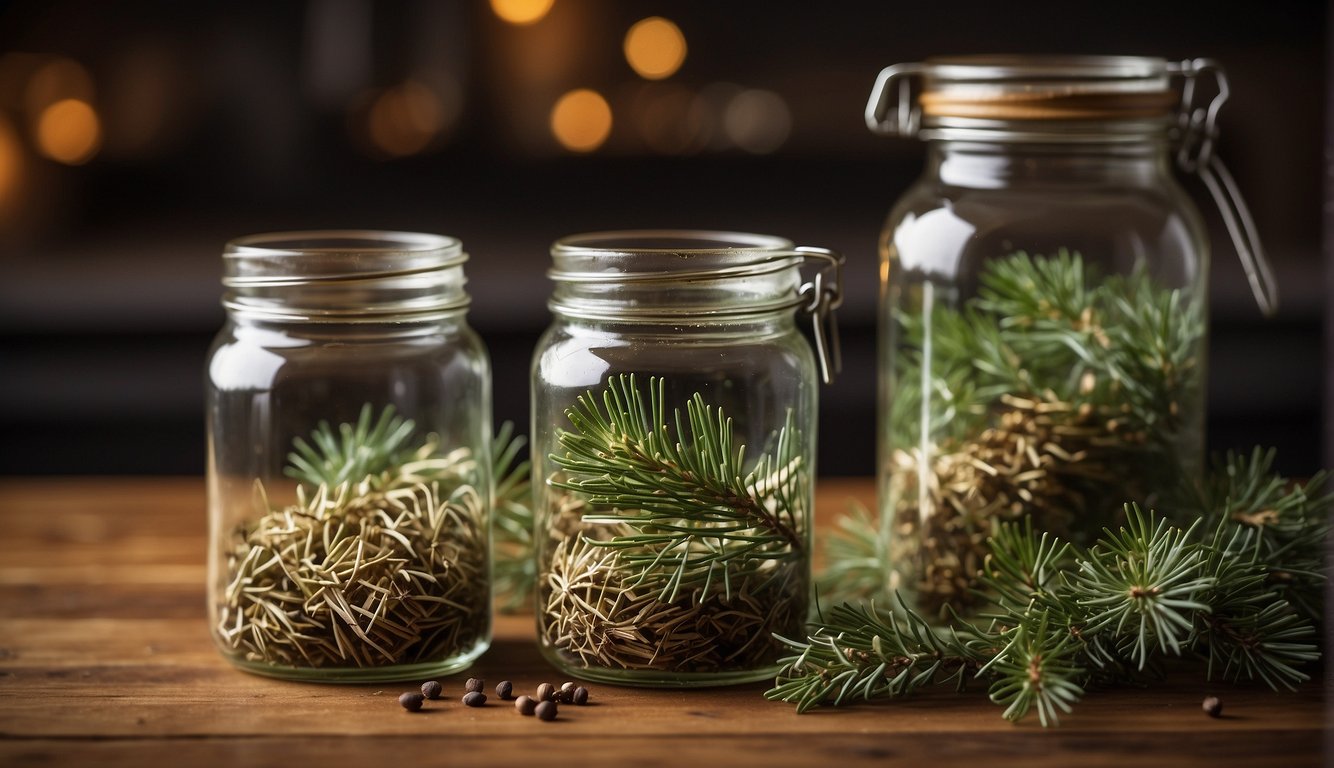 A glass jar filled with pine needles soaking in alcohol, sitting on a wooden countertop surrounded by various herbs and spices
