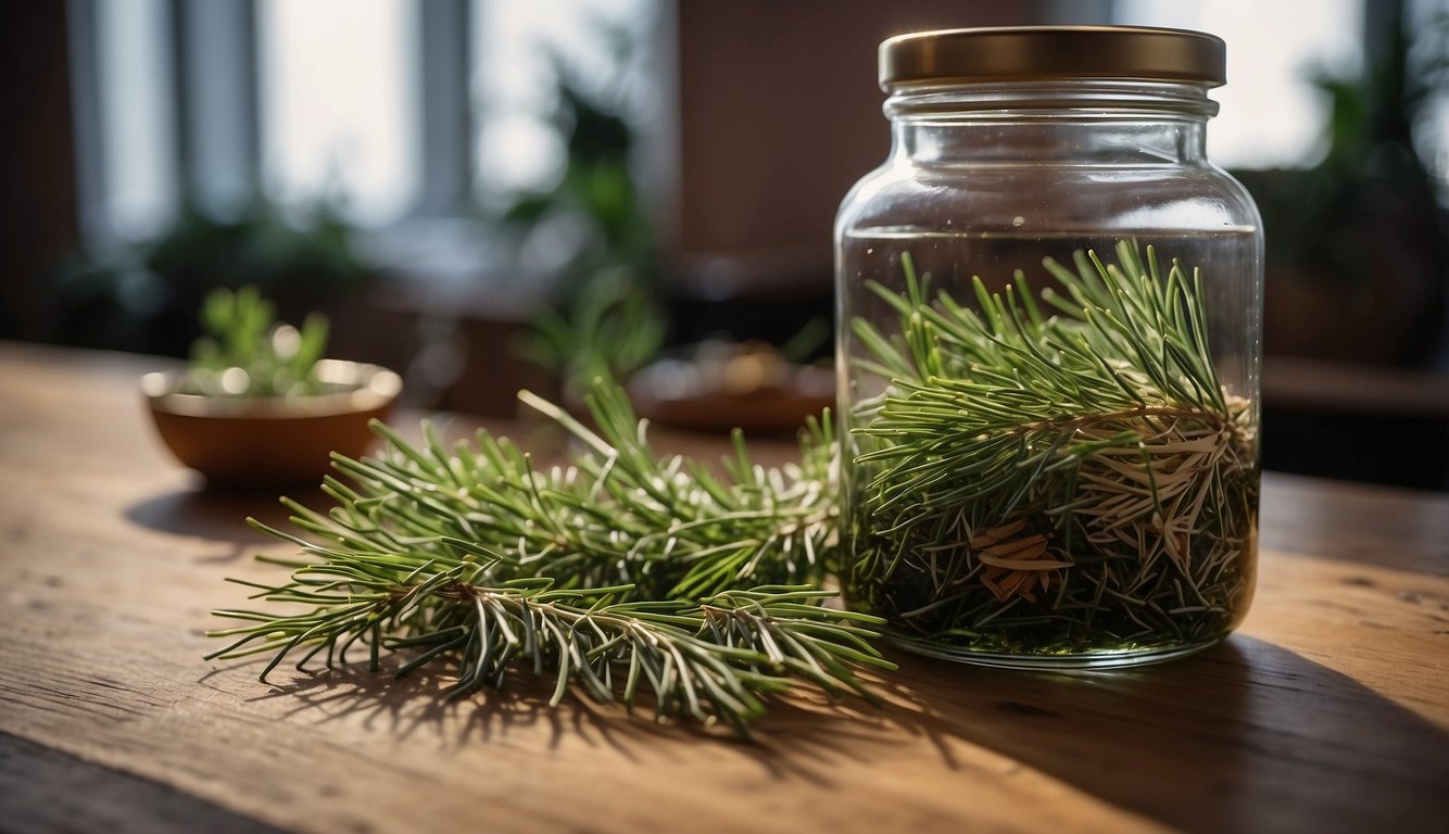 A glass jar filled with pine needles soaking in alcohol, surrounded by various herbs and ingredients on a wooden table